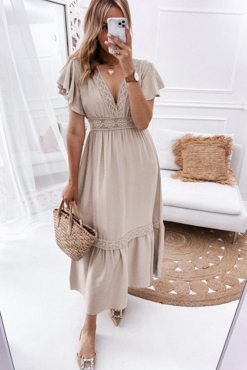 Flying Sleeves V-neck Open Back Solid Long Flowy Dress