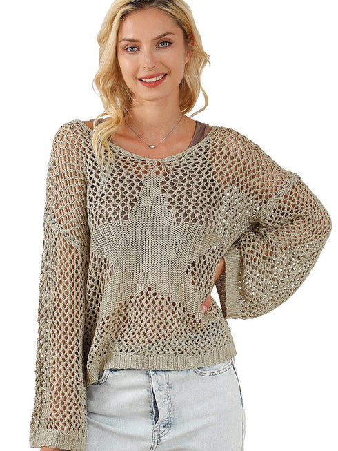 French Beige Star Pointelle Knit Oversized Sweater