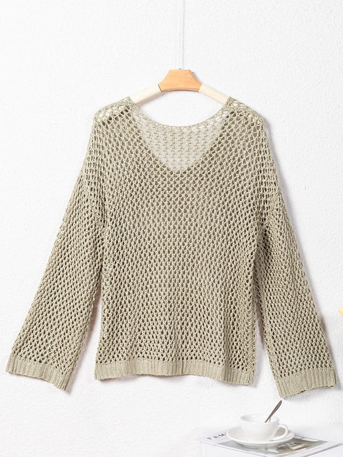 French Beige Star Pointelle Knit Oversized Sweater