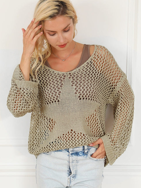 French Beige Star Pointelle Knit Oversized Sweater