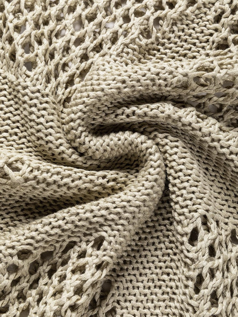 French Beige Star Pointelle Knit Oversized Sweater