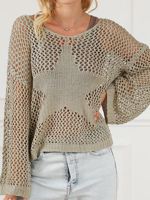 French Beige Star Pointelle Knit Oversized Sweater