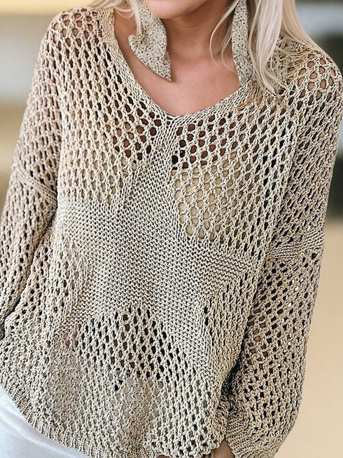 French Beige Star Pointelle Knit Oversized Sweater