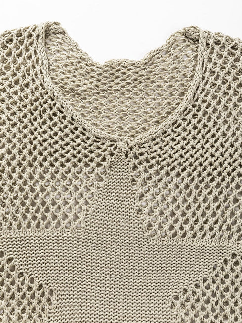 French Beige Star Pointelle Knit Oversized Sweater