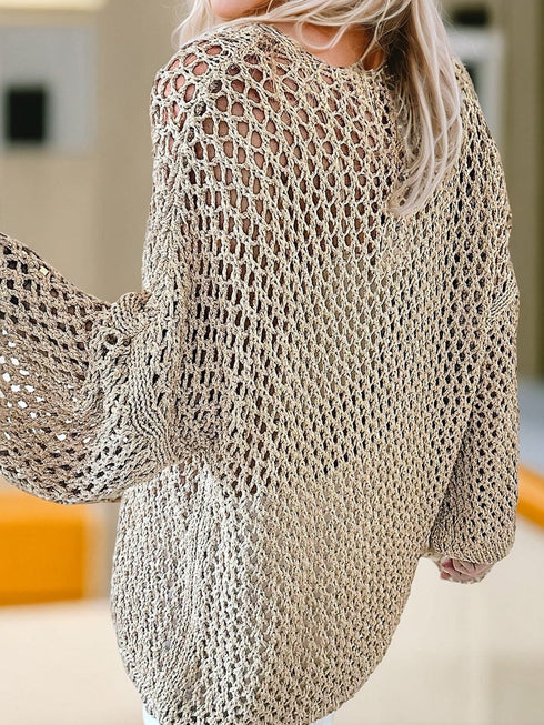 French Beige Star Pointelle Knit Oversized Sweater