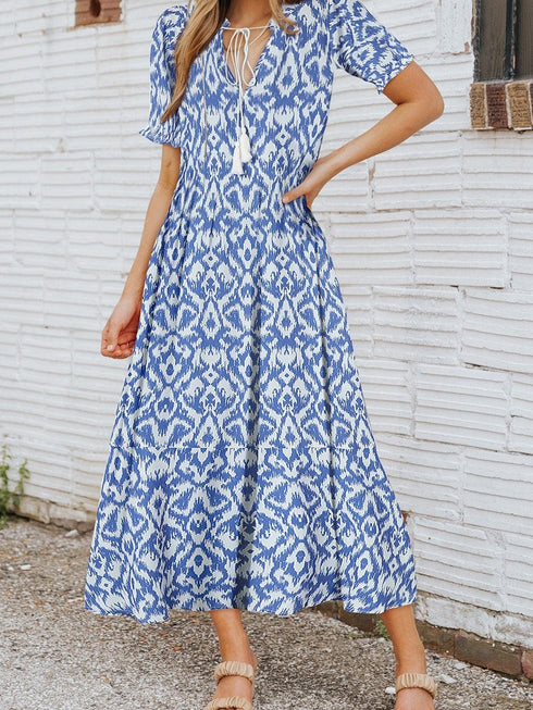 Geometric Print Sky Blue V Neck Maxi Dress for Casual Chic