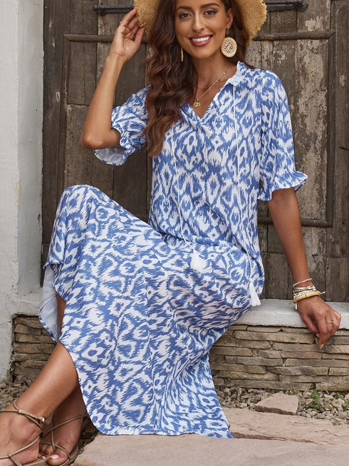 Geometric Print Sky Blue V Neck Maxi Dress for Casual Chic