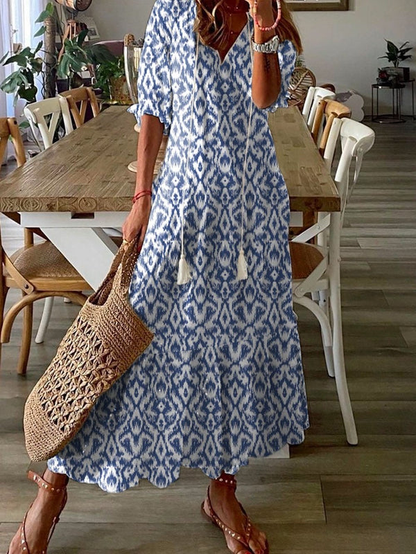 Geometric Print Sky Blue V Neck Maxi Dress for Casual Chic