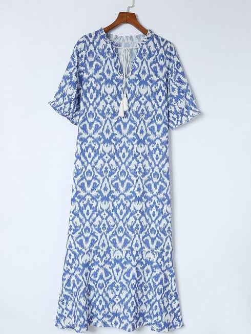 Geometric Print Sky Blue V Neck Maxi Dress for Casual Chic