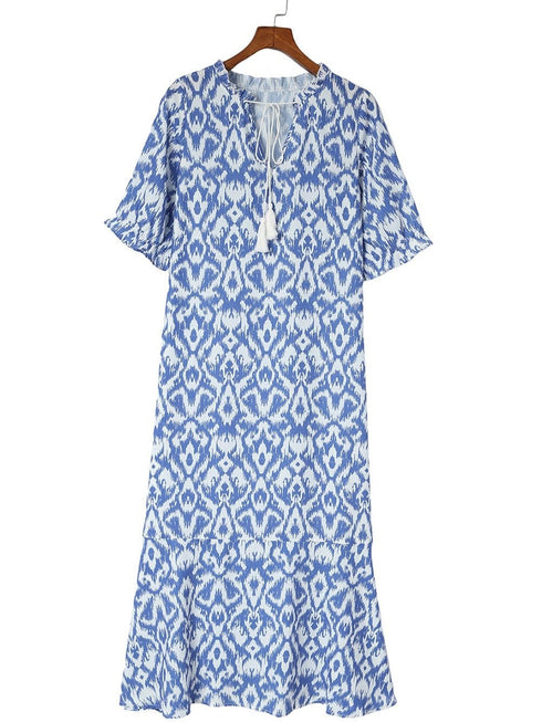 Geometric Print Sky Blue V Neck Maxi Dress for Casual Chic