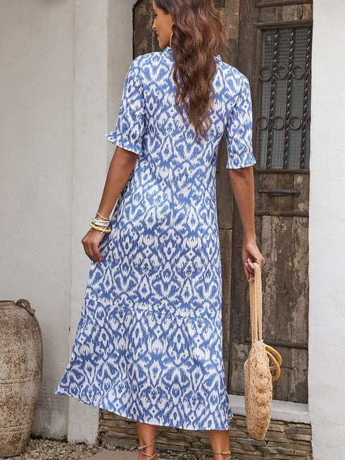 Geometric Print Sky Blue V Neck Maxi Dress for Casual Chic