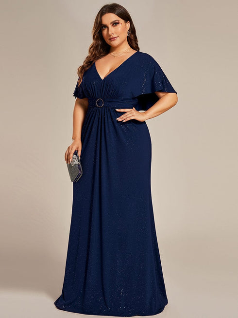 Glamorous Plus Size Mermaid Evening Gown with Glitter Bat-Wing Sleeves and Waist-Cinching Detail