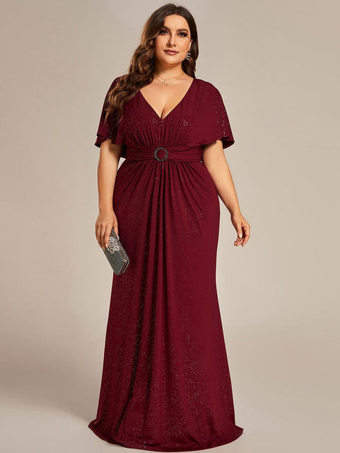 Glamorous Plus Size Mermaid Evening Gown with Glitter Bat-Wing Sleeves and Waist-Cinching Detail