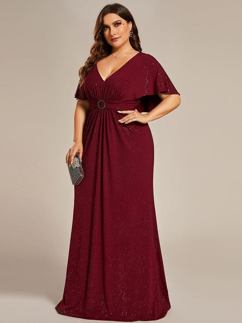 Glamorous Plus Size Mermaid Evening Gown with Glitter Bat-Wing Sleeves and Waist-Cinching Detail
