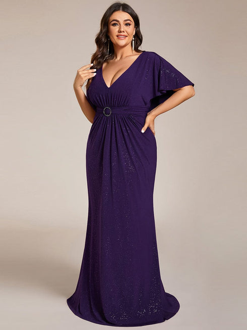 Glamorous Plus Size Mermaid Evening Gown with Glitter Bat-Wing Sleeves and Waist-Cinching Detail