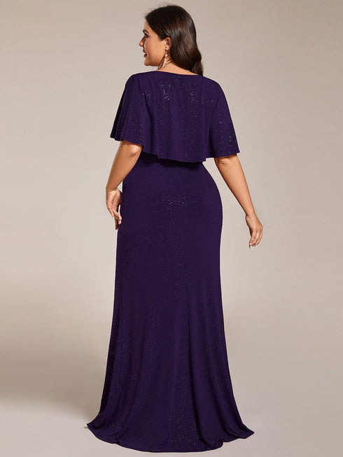 Glamorous Plus Size Mermaid Evening Gown with Glitter Bat-Wing Sleeves and Waist-Cinching Detail