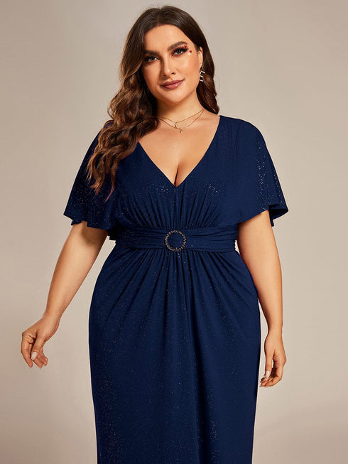 Glamorous Plus Size Mermaid Evening Gown with Glitter Bat-Wing Sleeves and Waist-Cinching Detail