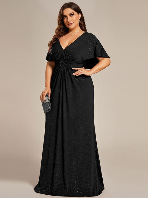 Glamorous Plus Size Mermaid Evening Gown with Glitter Bat-Wing Sleeves and Waist-Cinching Detail