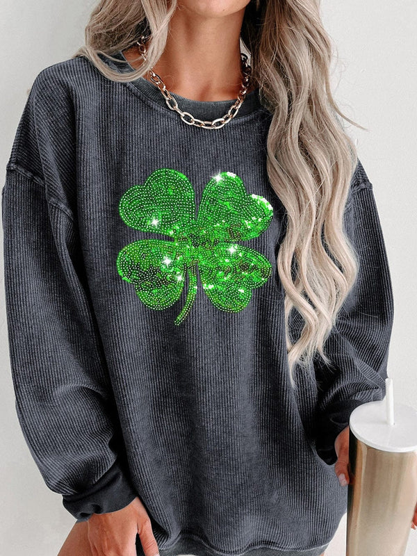 Glittering Four-Leaf Clover Sequin Corduroy Sweatshirt