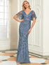 Gorgeous V Neck Leaf-Sequined Fishtail Party Dress