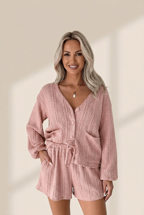 Women's Gossamer Pink Cable Knit Cardigan and Shorts Set