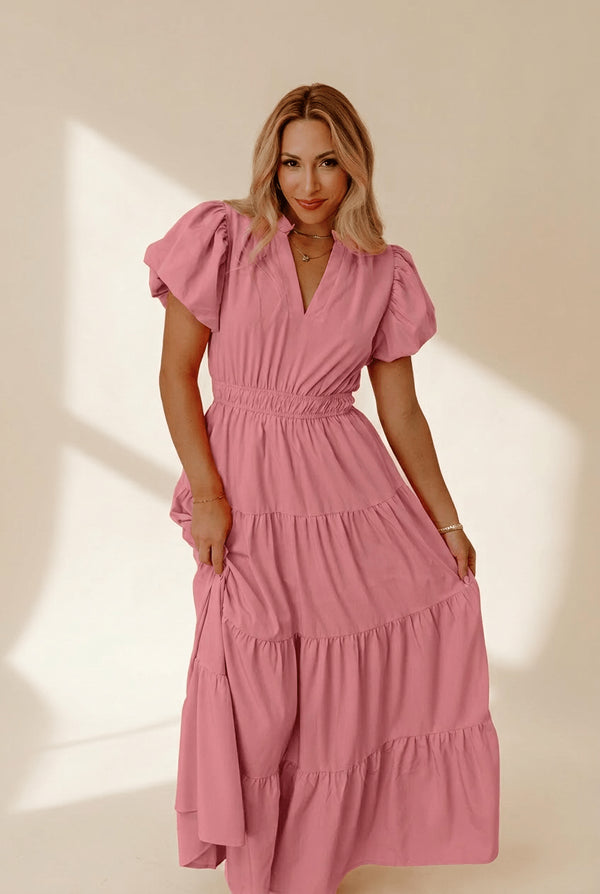 Women's Gossamer Pink V-Neck Tiered Maxi Dress with Puff Sleeves made