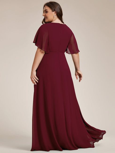 Graceful Plus Size Floral A-Line Chiffon Evening Dress with Short Sleeves