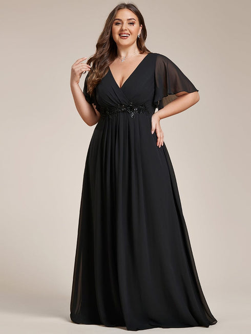 Graceful Plus Size Floral A-Line Chiffon Evening Dress with Short Sleeves