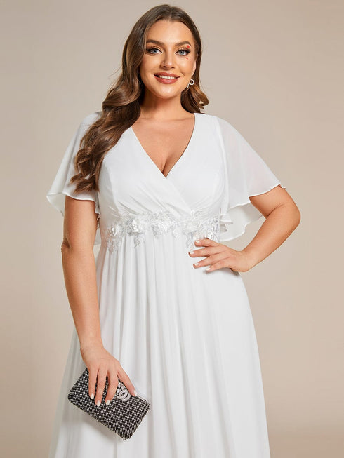 Graceful Plus Size Floral A-Line Chiffon Evening Dress with Short Sleeves