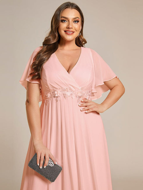 Graceful Plus Size Floral A-Line Chiffon Evening Dress with Short Sleeves