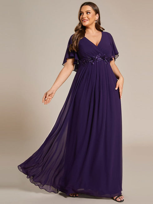 Graceful Plus Size Floral A-Line Chiffon Evening Dress with Short Sleeves