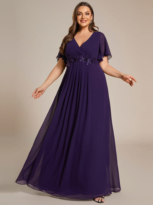 Graceful Plus Size Floral A-Line Chiffon Evening Dress with Short Sleeves
