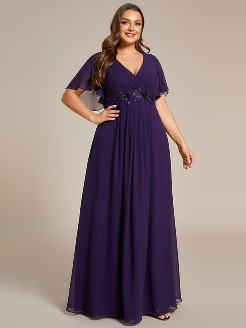 Graceful Plus Size Floral A-Line Chiffon Evening Dress with Short Sleeves