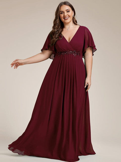 Graceful Plus Size Floral A-Line Chiffon Evening Dress with Short Sleeves