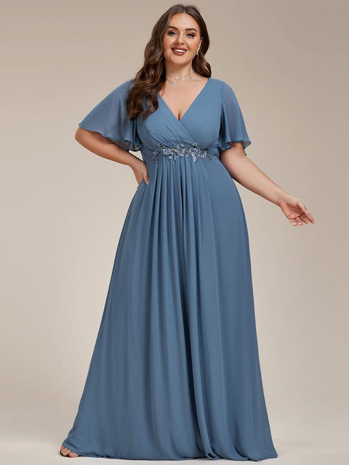 Graceful Plus Size Floral A-Line Chiffon Evening Dress with Short Sleeves