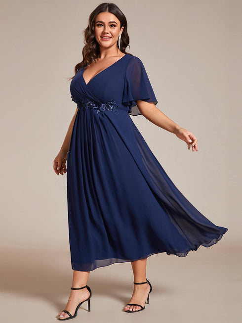 Graceful V-Neck Plus Size Wedding Guest Dress with Floral Applique