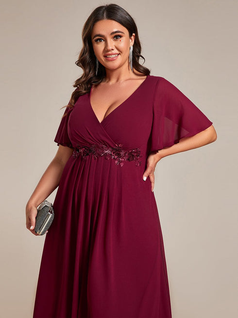 Graceful V-Neck Plus Size Wedding Guest Dress with Floral Applique