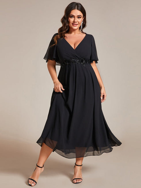 Graceful V-Neck Plus Size Wedding Guest Dress with Floral Applique
