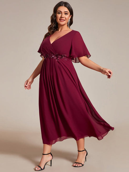 Graceful V-Neck Plus Size Wedding Guest Dress with Floral Applique