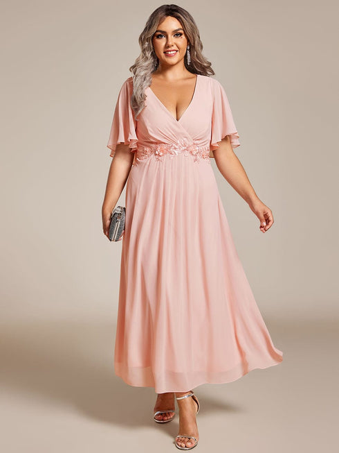Graceful V-Neck Plus Size Wedding Guest Dress with Floral Applique