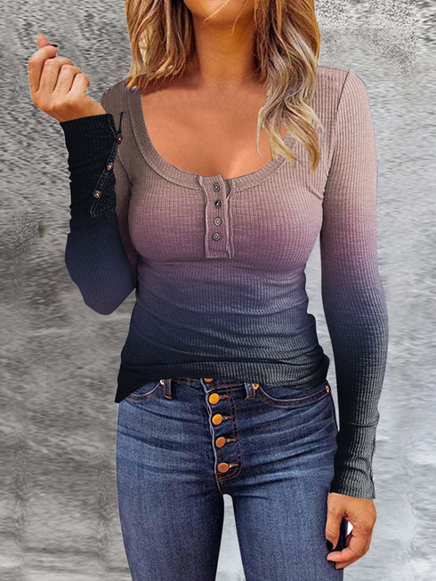Gradient Round Neck Button Long Sleeve T-Shirt