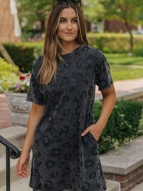 Gray Leopard Print T-Shirt Dress with Handy Pockets