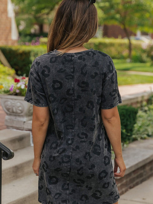 Gray Leopard Print T-Shirt Dress with Handy Pockets
