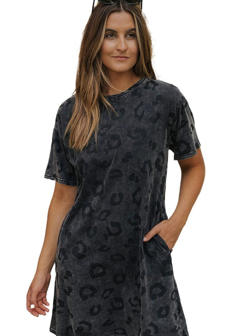 Gray Leopard Print T-Shirt Dress with Handy Pockets
