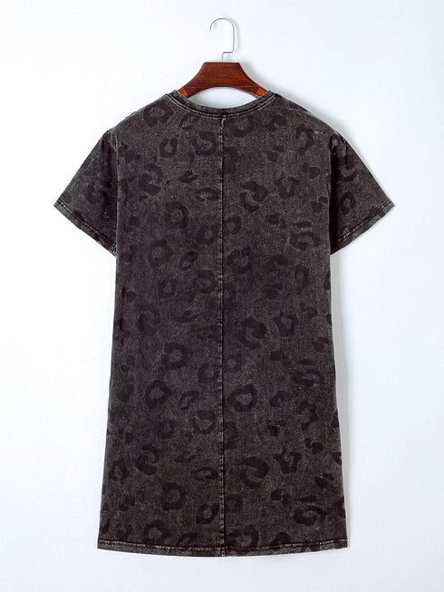 Gray Leopard Print T-Shirt Dress with Handy Pockets