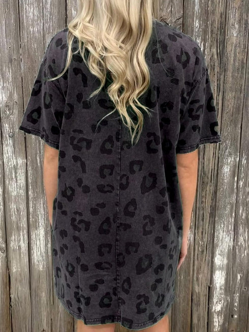 Gray Leopard Print T-Shirt Dress with Handy Pockets