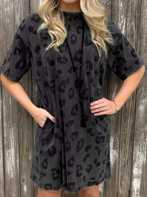 Gray Leopard Print T-Shirt Dress with Handy Pockets