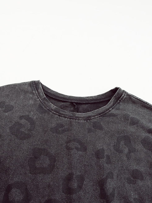 Gray Leopard Print T-Shirt Dress with Handy Pockets