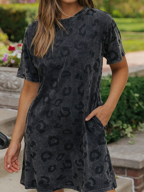 Gray Leopard Print T-Shirt Dress with Handy Pockets