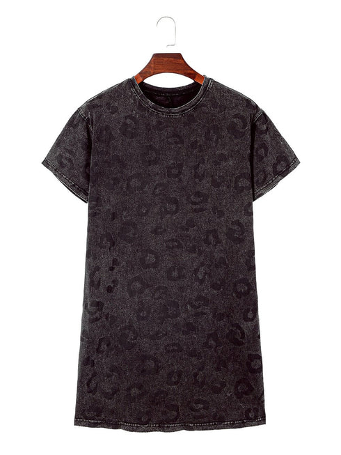 Gray Leopard Print T-Shirt Dress with Handy Pockets